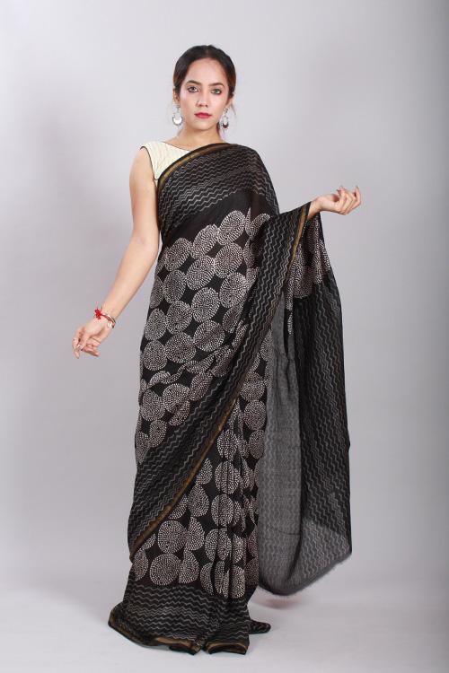 Chuna Patri Handblock Print Chanderi Silk Saree in a contrast blend of Black & White-51