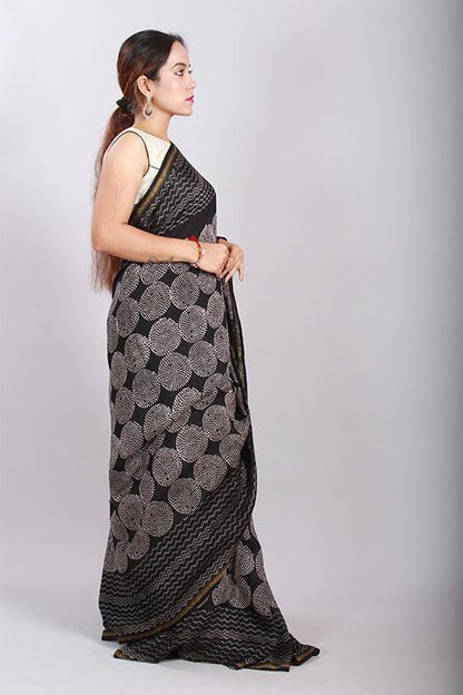 Chuna Patri Handblock Print Chanderi Silk Saree in a contrast blend of Black & White-51