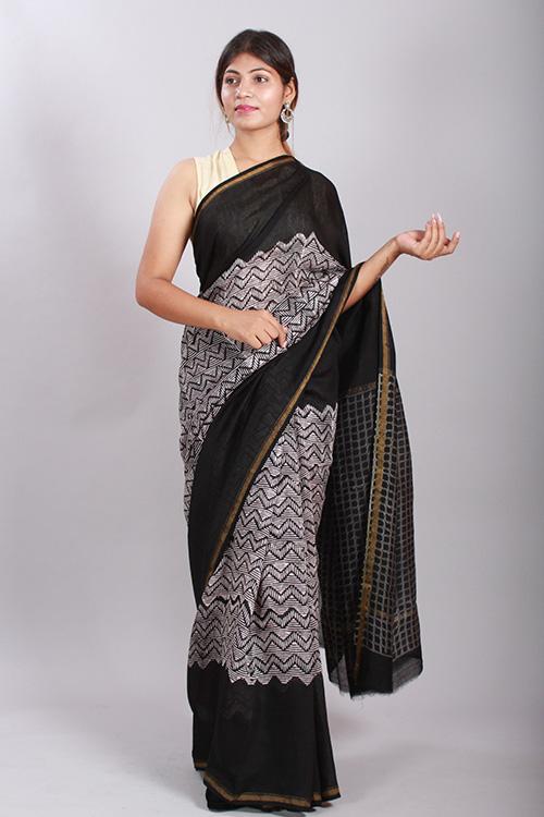Chuna Patri Handblock Print Chanderi Silk Saree in a contrast blend of Black & White-52