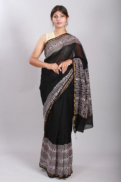 Chuna Patri Handblock Print Chanderi Silk Saree in a contrast blend of Black & White-54