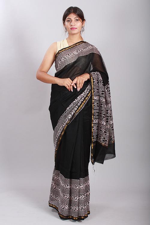 Chuna Patri Handblock Print Chanderi Silk Saree in a contrast blend of Black & White-54