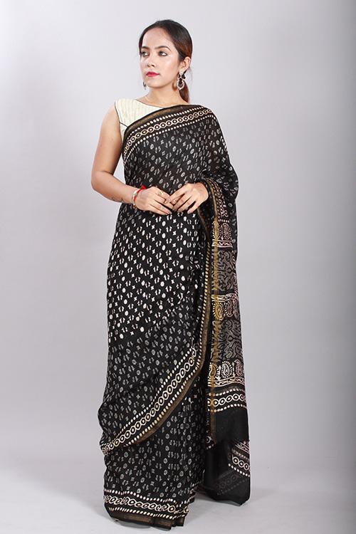 Chuna Patri Handblock Print Chanderi Silk Saree in a contrast blend of Black & White-55