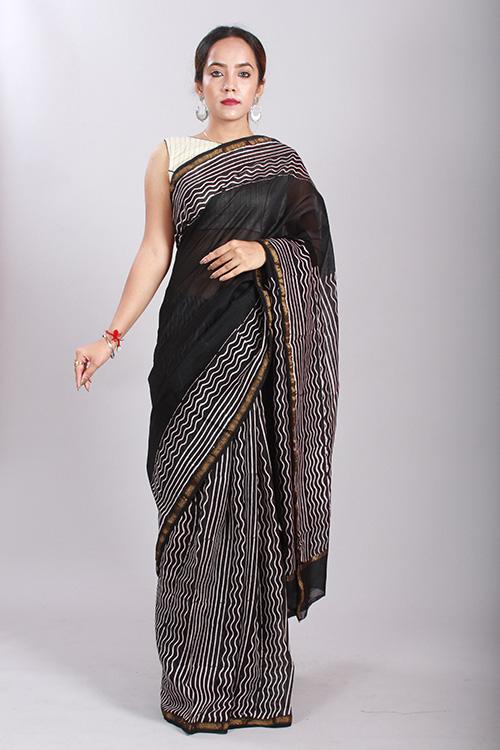 Chuna Patri Handblock Print Chanderi Silk Saree in a contrast blend of Black & White-57