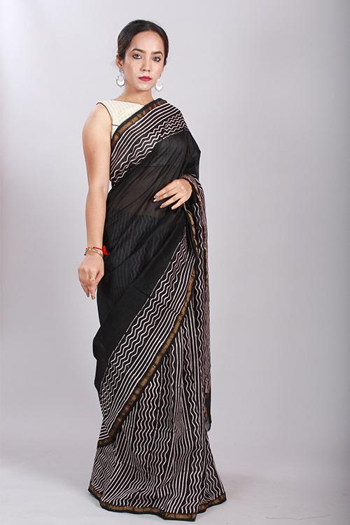 Chuna Patri Handblock Print Chanderi Silk Saree in a contrast blend of Black & White-57