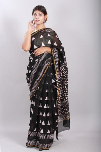 Chuna Patri Handblock Print Chanderi Silk Saree in a contrast blend of Black & White-58
