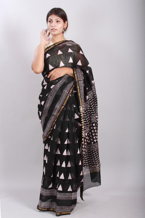 Chuna Patri Handblock Print Chanderi Silk Saree in a contrast blend of Black & White-58
