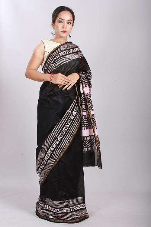 Chuna Patri Handblock Print Chanderi Silk Saree in a contrast blend of Black & White-59