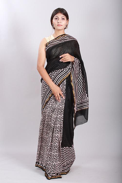 Chuna Patri Handblock Print Chanderi Silk Saree in a contrast blend of Black & White-60