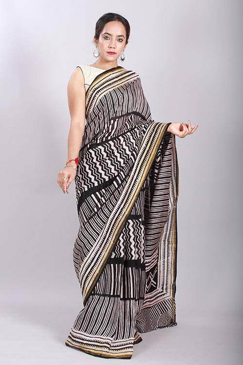Chuna Patri Handblock Print Chanderi Silk Saree in a contrast blend of Black & White-61