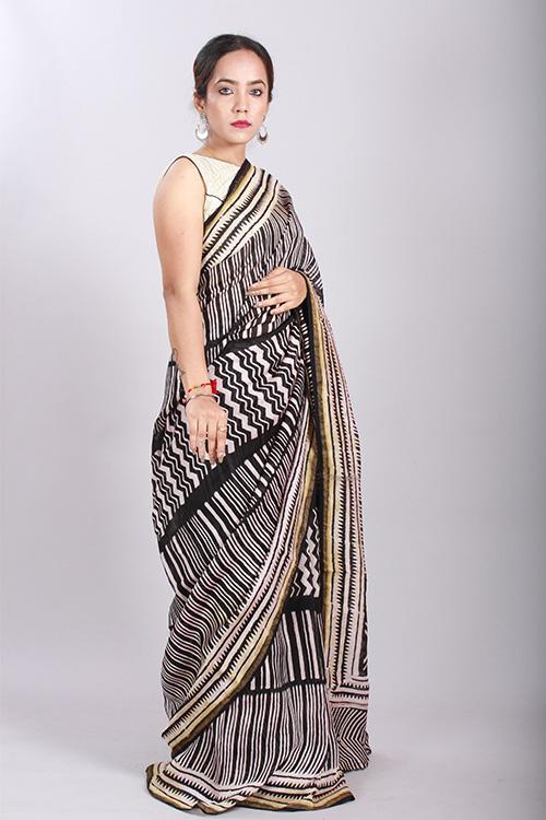 Chuna Patri Handblock Print Chanderi Silk Saree in a contrast blend of Black & White-61