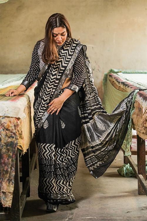 Hand Block Printed Slub Cotton Saree-14