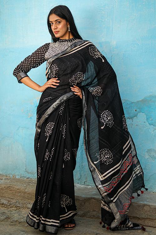 Tree of Life: CHUNA PATRI Handblock Printed Chanderi Silk Saree