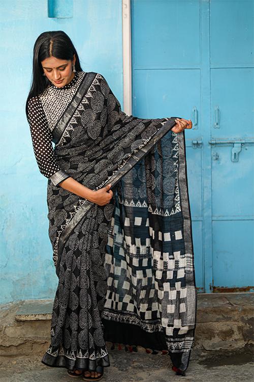Mind Games: CHUNA PATRI Handblock Printed Chanderi Silk Saree