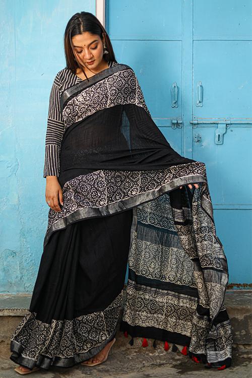 Between Dreams: CHUNA PATRI Handblock Printed Chanderi Silk Saree