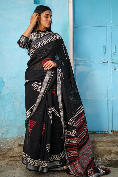 Connected : CHUNA PATRI Handblock Printed Chanderi Silk Saree