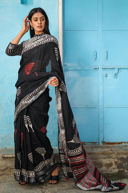 Connected : CHUNA PATRI Handblock Printed Chanderi Silk Saree