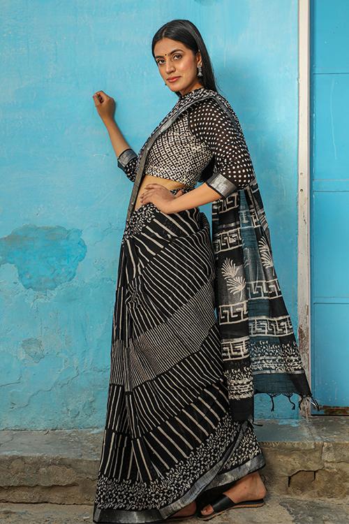 A Test of Kinship: CHUNA PATRI Handblock Printed Chanderi Silk Saree