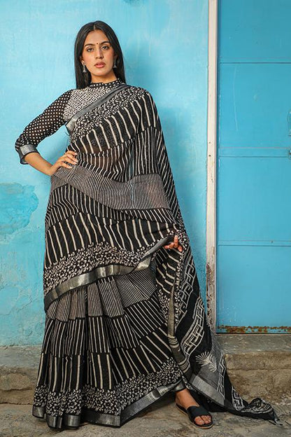 A Test of Kinship: CHUNA PATRI Handblock Printed Chanderi Silk Saree