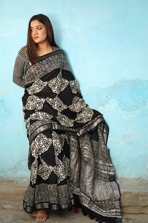 Checkmate: CHUNA PATRI Handblock Printed Chanderi Silk Saree