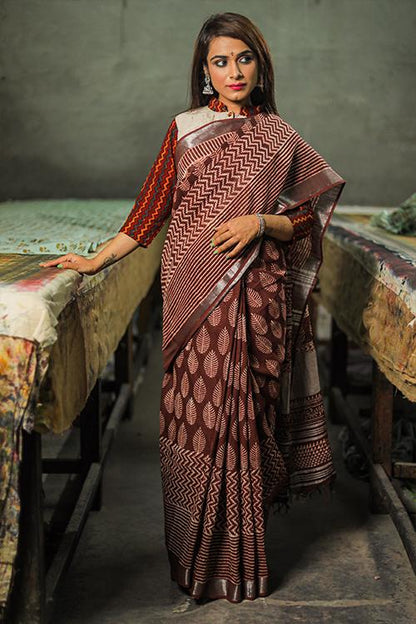 Hand Block Printed Slub Cotton Saree-11