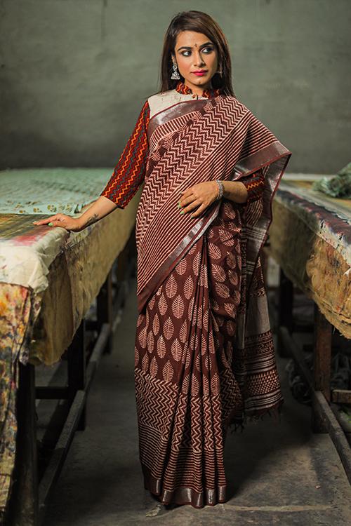 Hand Block Printed Slub Cotton Saree-11