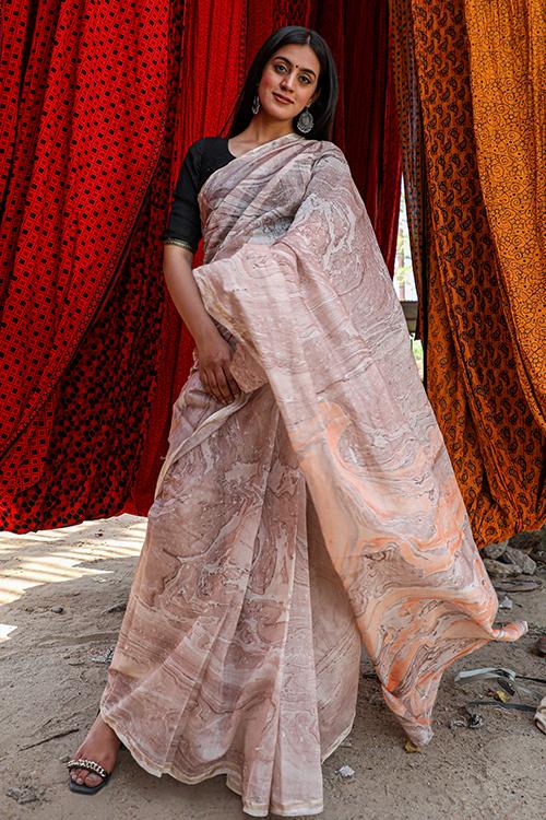 Clouds and Rainbows : Hand Marble Printed Chanderi Silk Saree