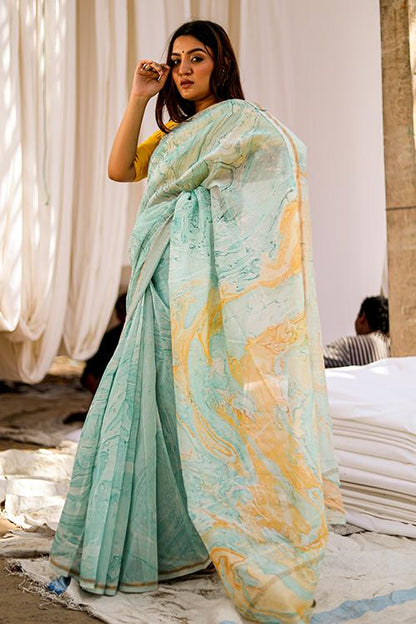 Colour Invent : Hand Marble Printed Chanderi Silk Saree
