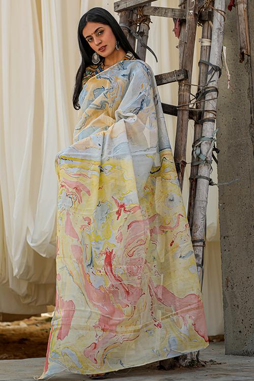 Sorbet Lemons : Hand Marble Printed Chanderi Silk Saree