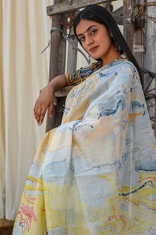Sorbet Lemons : Hand Marble Printed Chanderi Silk Saree