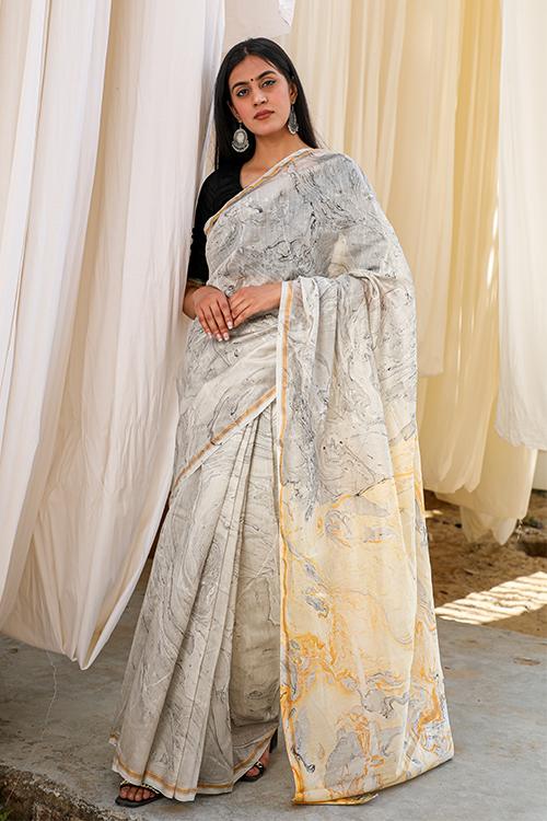 Unknown Wonderland: Hand Marble Printed Chanderi Silk Saree