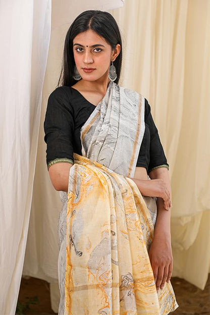 Unknown Wonderland: Hand Marble Printed Chanderi Silk Saree