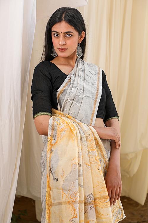 Unknown Wonderland: Hand Marble Printed Chanderi Silk Saree