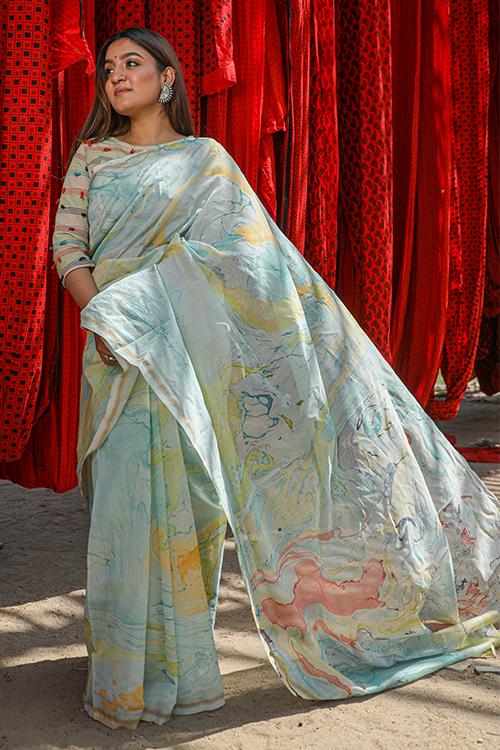 A Blaze of Style : Hand Marble Printed Chanderi Silk Saree