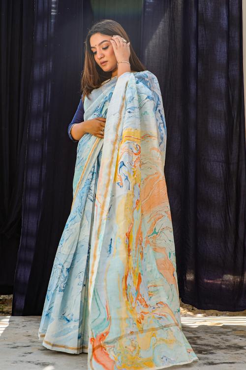 Nadiya ke Paar : Hand Marble Printed Chanderi Silk Saree