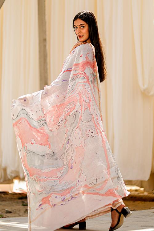 Ittar ke Jhonke : Hand Marble Printed Chanderi Silk Saree