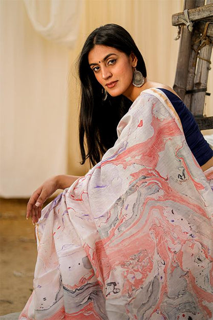 Ittar ke Jhonke : Hand Marble Printed Chanderi Silk Saree