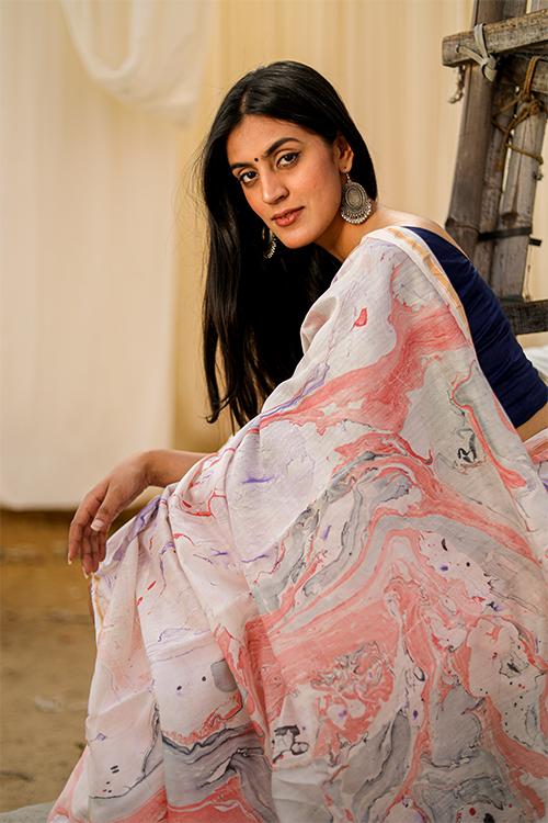 Ittar ke Jhonke : Hand Marble Printed Chanderi Silk Saree