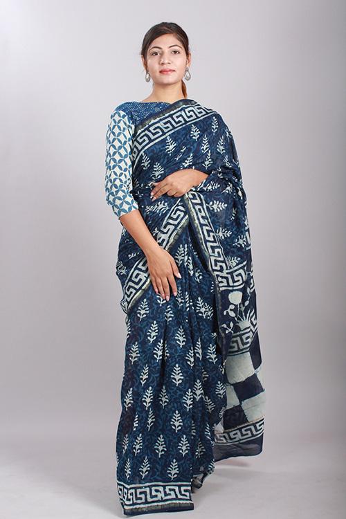 Indigo Dabu Handblock Print Chanderi Silk Saree-1