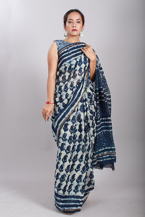 Indigo Dabu Handblock Print Chanderi Silk Saree-2