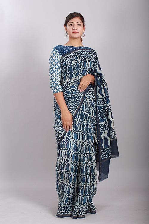 Indigo Dabu Handblock Print Chanderi Silk Saree-5