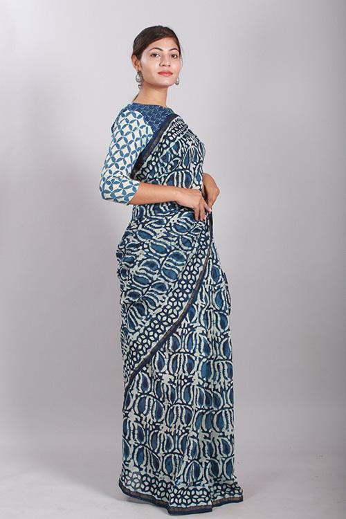 Indigo Dabu Handblock Print Chanderi Silk Saree-5