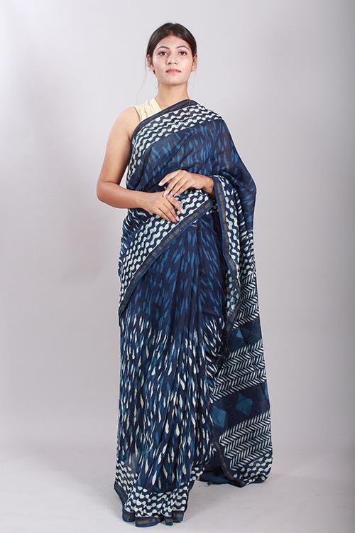 Indigo Dabu Handblock Print Chanderi Silk Saree-6