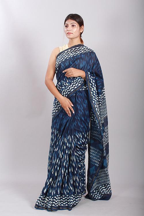 Indigo Dabu Handblock Print Chanderi Silk Saree-6