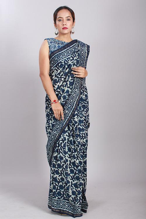 Indigo Dabu Handblock Print Chanderi Silk Saree-9