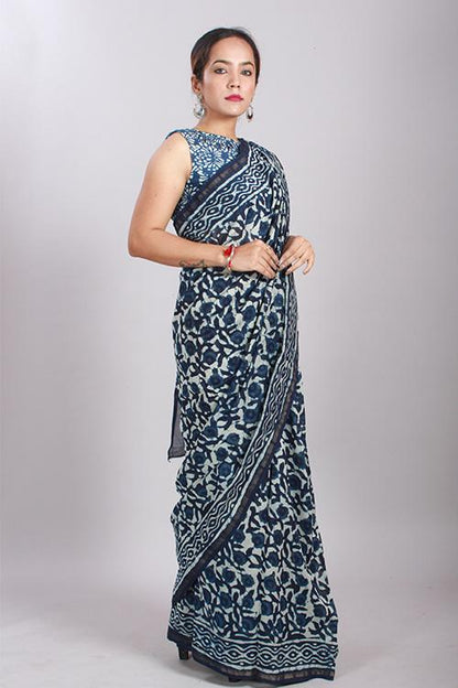 Indigo Dabu Handblock Print Chanderi Silk Saree-9