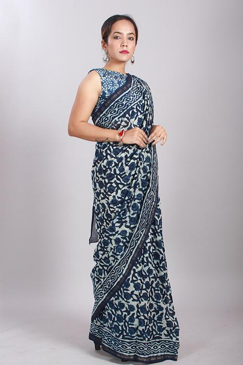 Indigo Dabu Handblock Print Chanderi Silk Saree-9