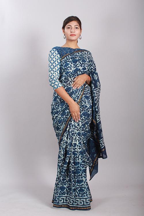 Indigo Dabu Handblock Print Chanderi Silk Saree-10