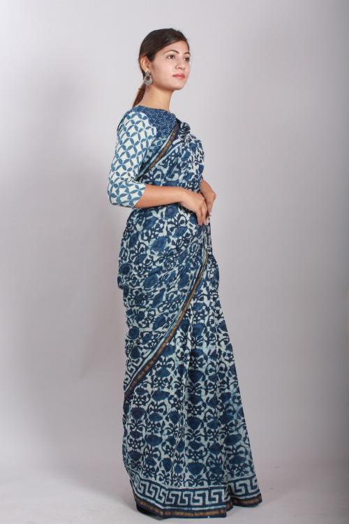 Indigo Dabu Handblock Print Chanderi Silk Saree-10