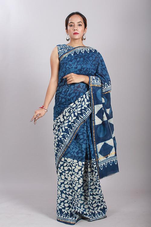 Indigo Dabu Handblock Print Chanderi Silk Saree-11