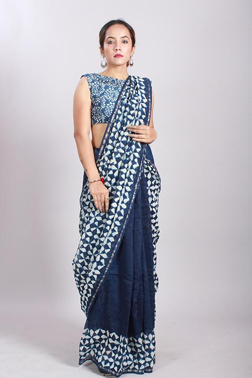 Indigo Dabu Handblock Print Chanderi Silk Saree-13